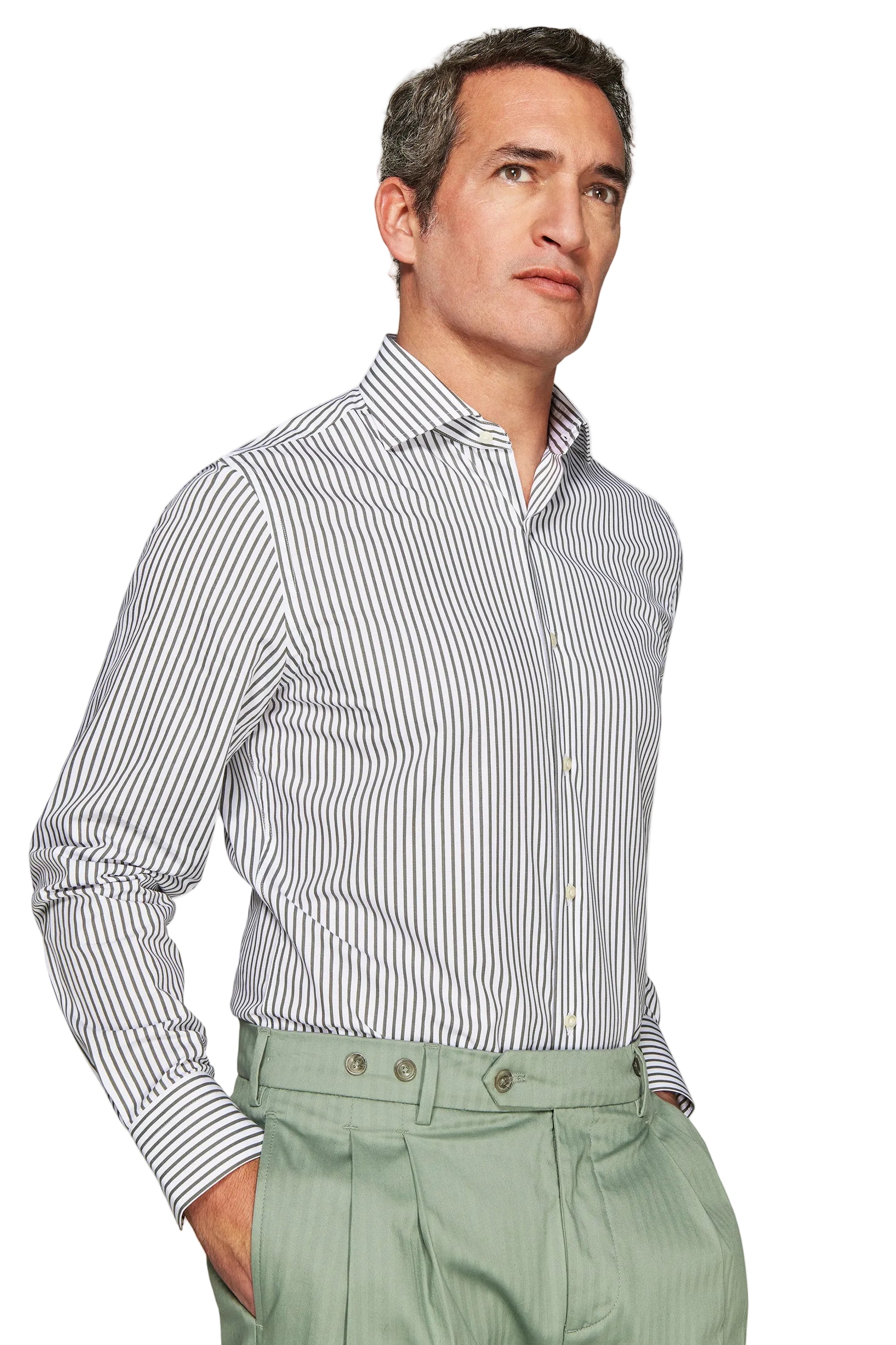 Men's white long-sleeved shirt with dark grey vertical stripes, spread collar, and buttoned cuffs.