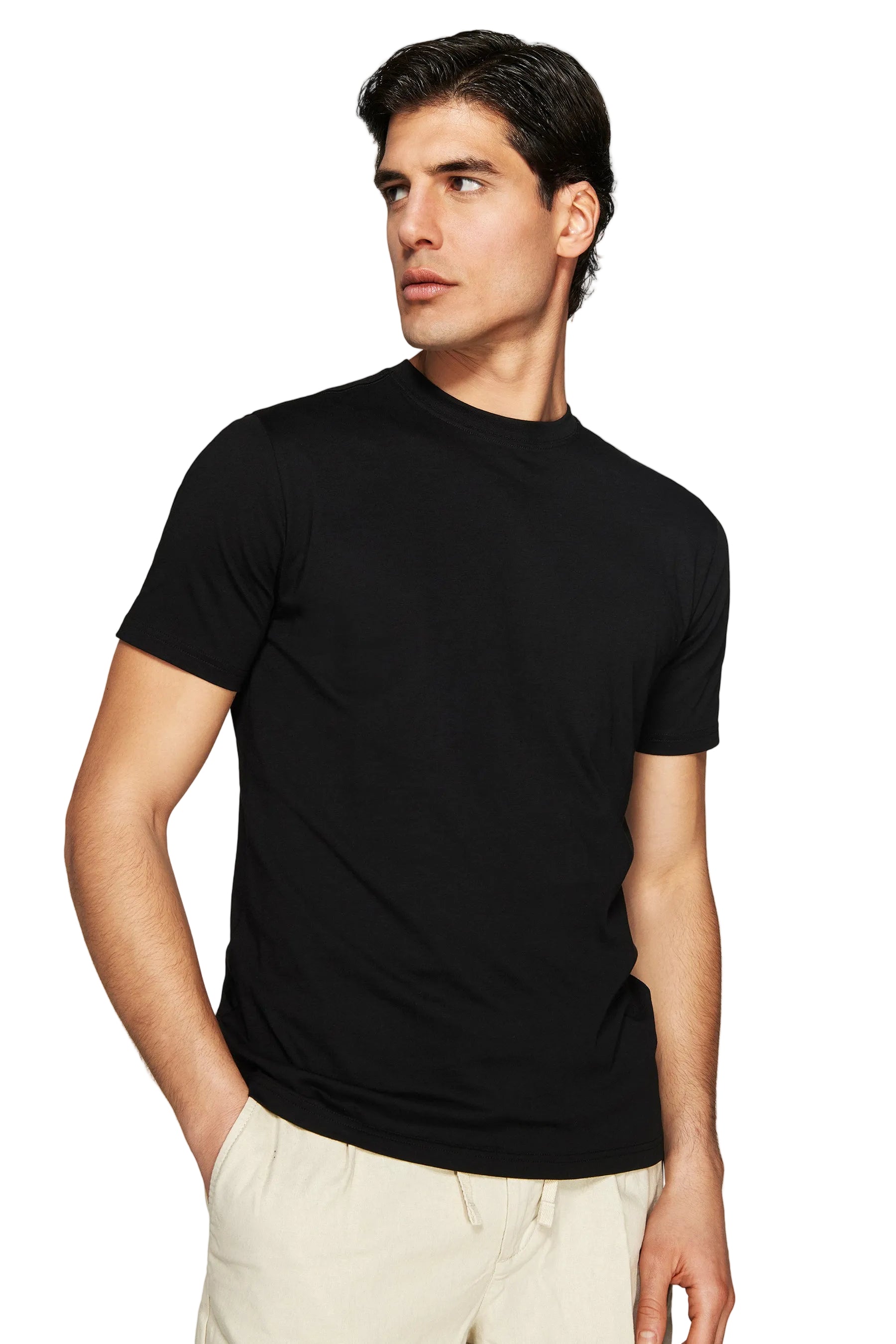 Black men's basic crew neck short sleeve t-shirt with a smooth finish.