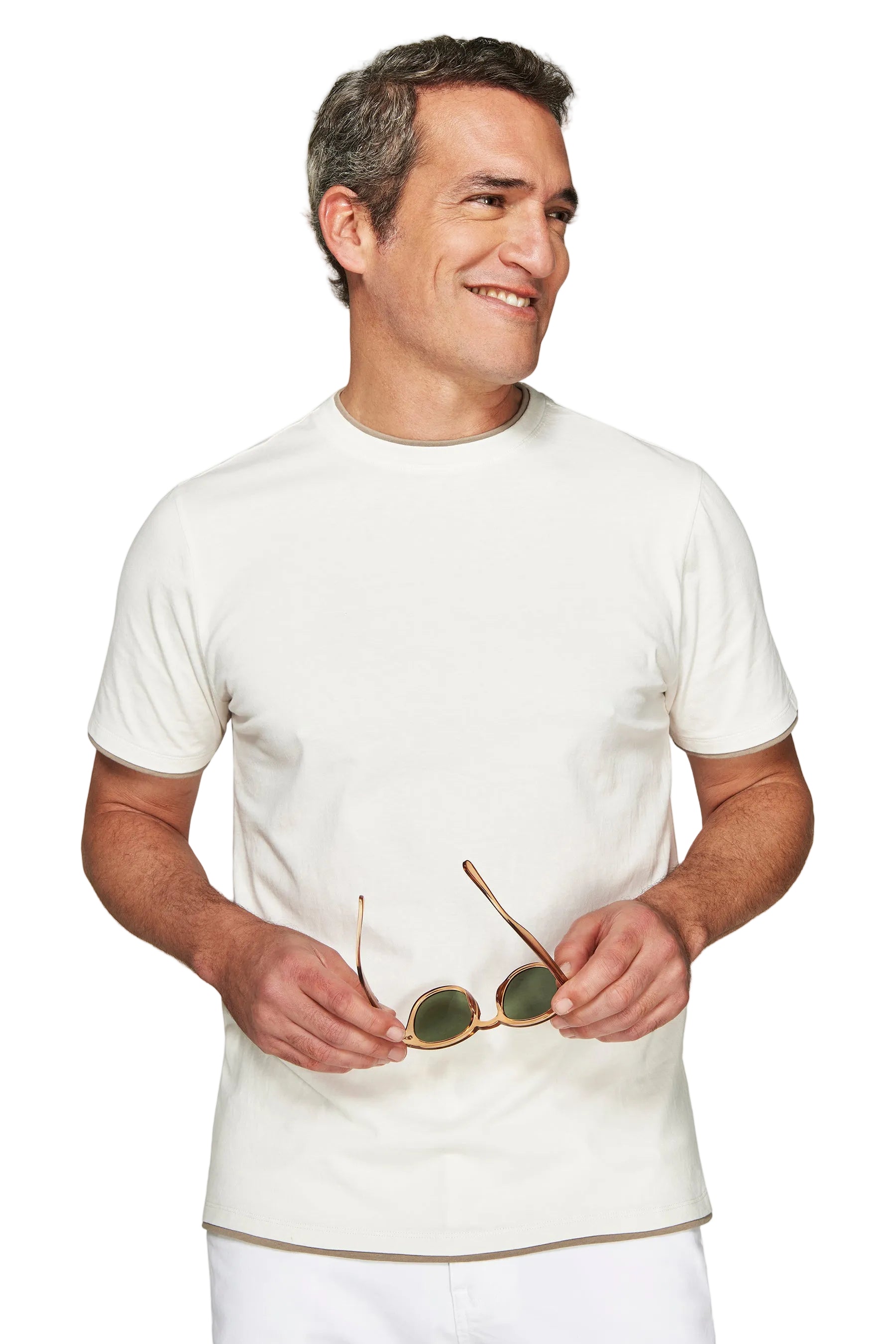 Cream men's short-sleeved T-shirt with a crew neck and subtle light brown contrasting trim on the collar, cuffs, and hem.