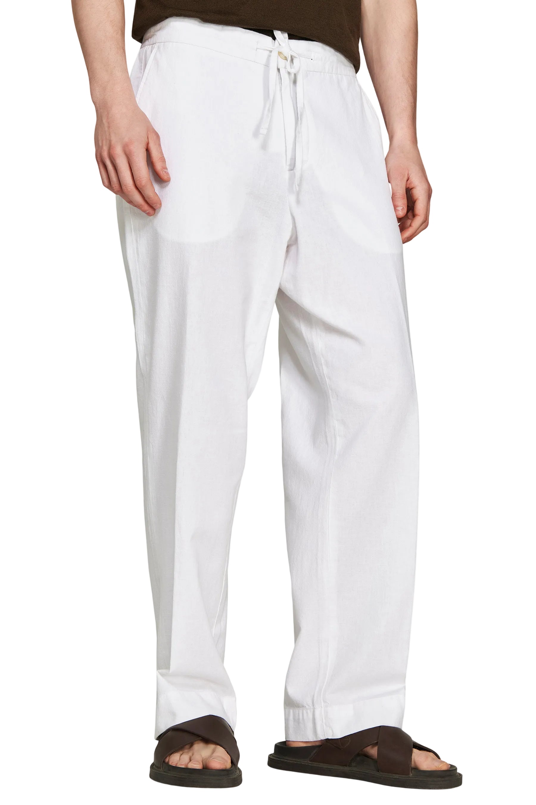 White Dan John men's relaxed fit linen blend trousers with drawstring waist and side pockets.