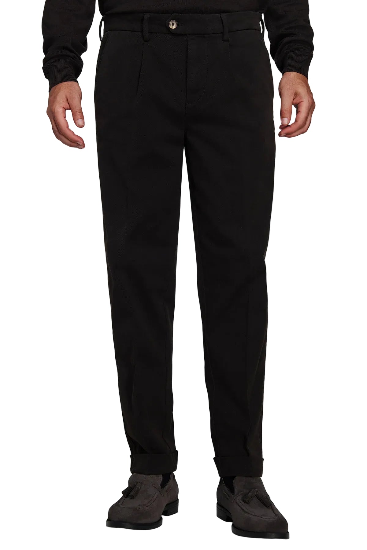 Black tailored trousers with front pleats, belt loops, a light brown button closure, and cuffed hems.