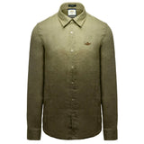 Olive green long-sleeved button-up shirt with a faded appearance, standard collar, buttoned cuffs, and a gold-toned winged em