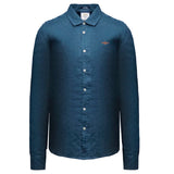 Dark blue long-sleeved collared shirt with a full button placket, white buttons, and an orange-toned winged emblem on the lef
