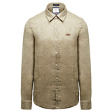 Light khaki long-sleeve button-up shirt with a standard collar, button placket, buttoned cuffs, and a winged emblem on the le