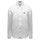 Off-white linen long-sleeve button-up shirt with a pointed collar, light buttons, and an embroidered winged logo on the left