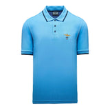 Sonic blue short-sleeved polo shirt with dark blue striped collar and cuffs, three dark blue buttons, and a gold-toned winged