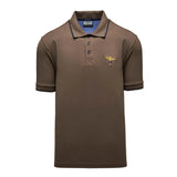 Brown short-sleeved polo shirt with three-button placket, ribbed collar and cuffs, and an embroidered gold-toned emblem on th