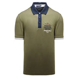 Lichen green polo shirt with navy collar, 3-button placket, white-striped cuffs, and embroidered "FRECCE TRICOLORI" emblem.