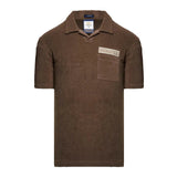 Brown terry cloth short-sleeve polo shirt with a spread collar, V-neck placket, and a chest patch pocket with "AERONAUTICA" t