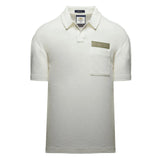 Off-white short-sleeved polo shirt with a classic collar, two-button placket, and a patch pocket with a brand label.