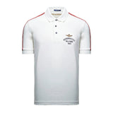 Off-white short-sleeve polo shirt with a collar, two dark buttons, red shoulder stripes, and a gold-toned eagle logo with tex