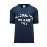 Navy blue short-sleeved T-shirt with 'AERONAUTICA MILITARE 1923' graphic, embroidered emblem, and red and white sleeve stripe