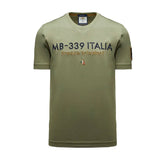 Lichen green men's V-neck T-shirt with 'MB-339 ITALIA frecce tricolori' embroidery and a dark patch on the right sleeve.