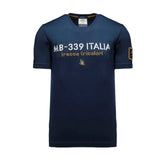 Dark blue short-sleeve t-shirt with white 'MB-339 ITALIA', gold-toned 'frecce tricolori', tricolor arrows. Emblem patch on ri