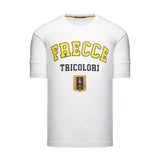Off-white short-sleeve crew neck t-shirt with 'FRECCE' in yellow outlined letters, 'TRICOLORI' in dark blue, and a gold-toned