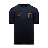Dark blue short-sleeved crew neck t-shirt with two embroidered patches on the chest and a flag patch on the left sleeve.