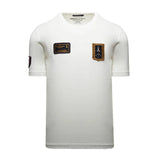 Off white short-sleeved crew neck T-shirt with two embroidered patches on the chest and a small patch on the left sleeve.