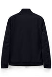 Dark blouson jacket with a stand-up collar, raglan sleeves, ribbed cuffs and hem, and a visible zipper pull at the bottom.