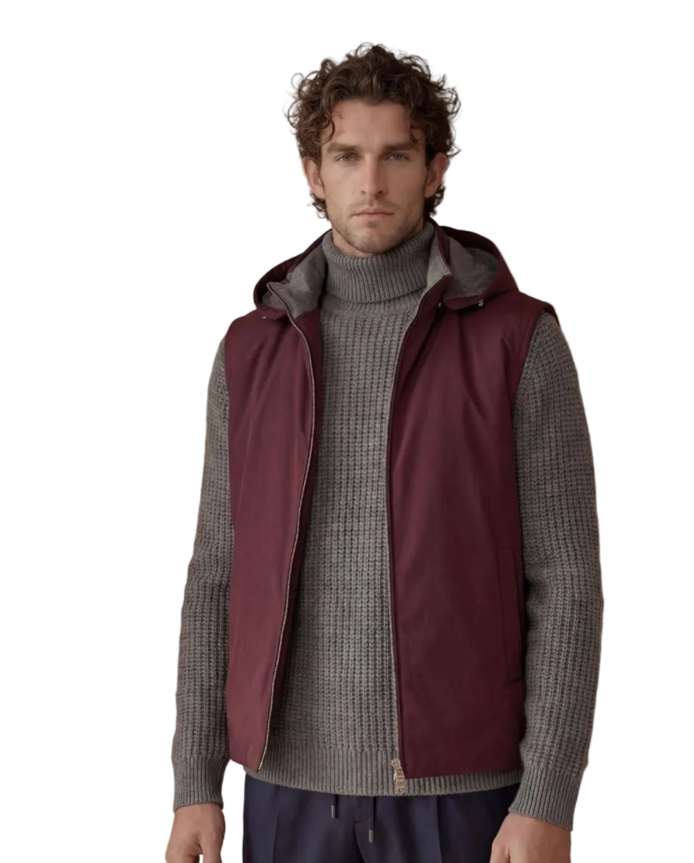 Bordeaux hooded sleeveless vest with a full-zip front and side pockets.