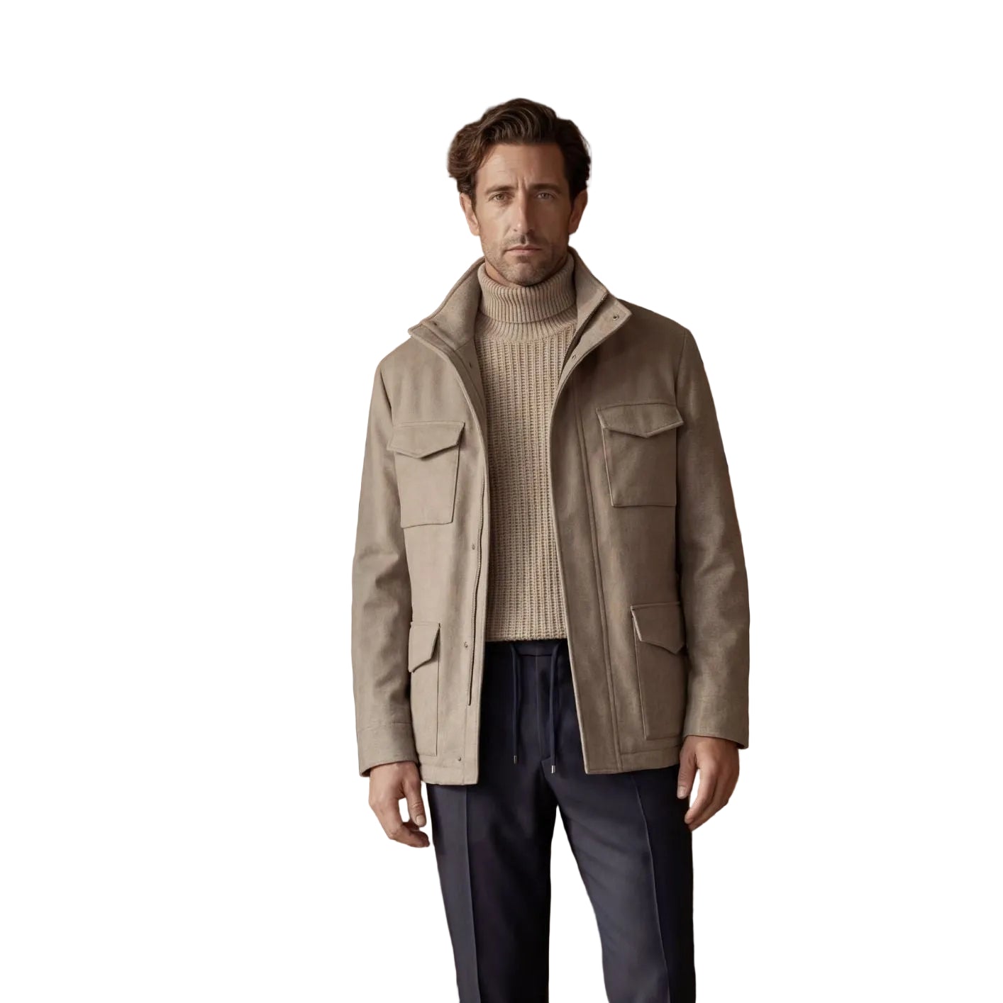 Light brown suede-effect field jacket with a stand collar and four front flap pockets.