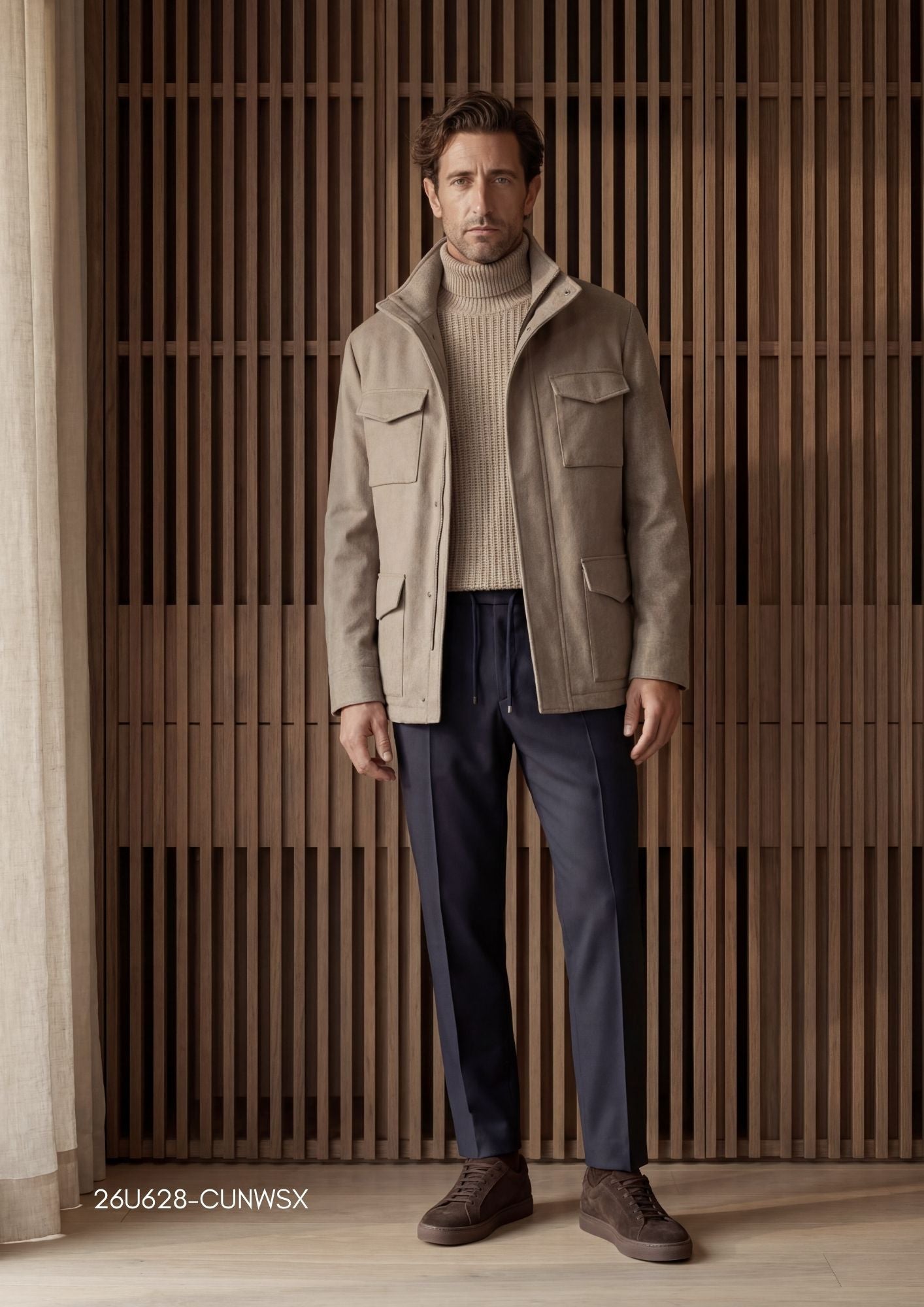 Tan felted jacket with a stand collar, full-zip front, snap-button placket, and four snap-closure flap pockets.