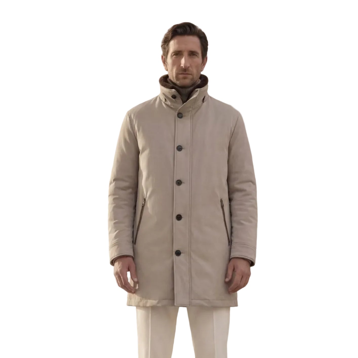 Beige mid-length men's jacket with a stand collar, dark buttons, and vertical zipped pockets.