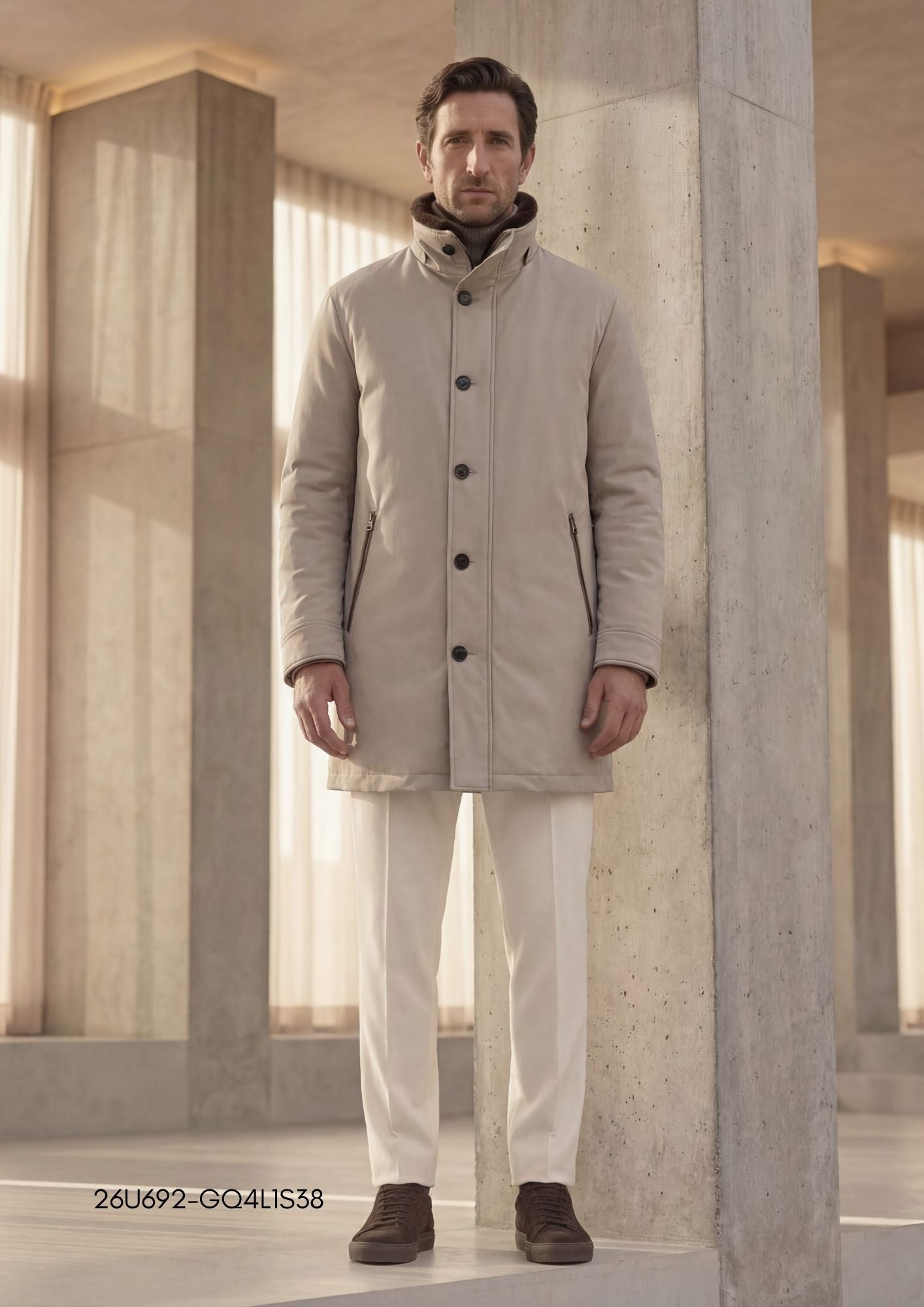 Beige mid-length jacket with a stand-up collar, dark fur-like lining, dark button-front closure, and two vertical zippered po