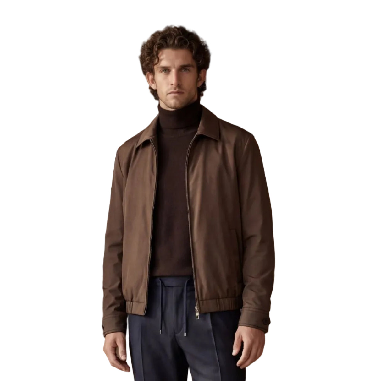Brown men's bomber jacket with a pointed collar, full-zip front, ribbed cuffs, and ribbed hem.
