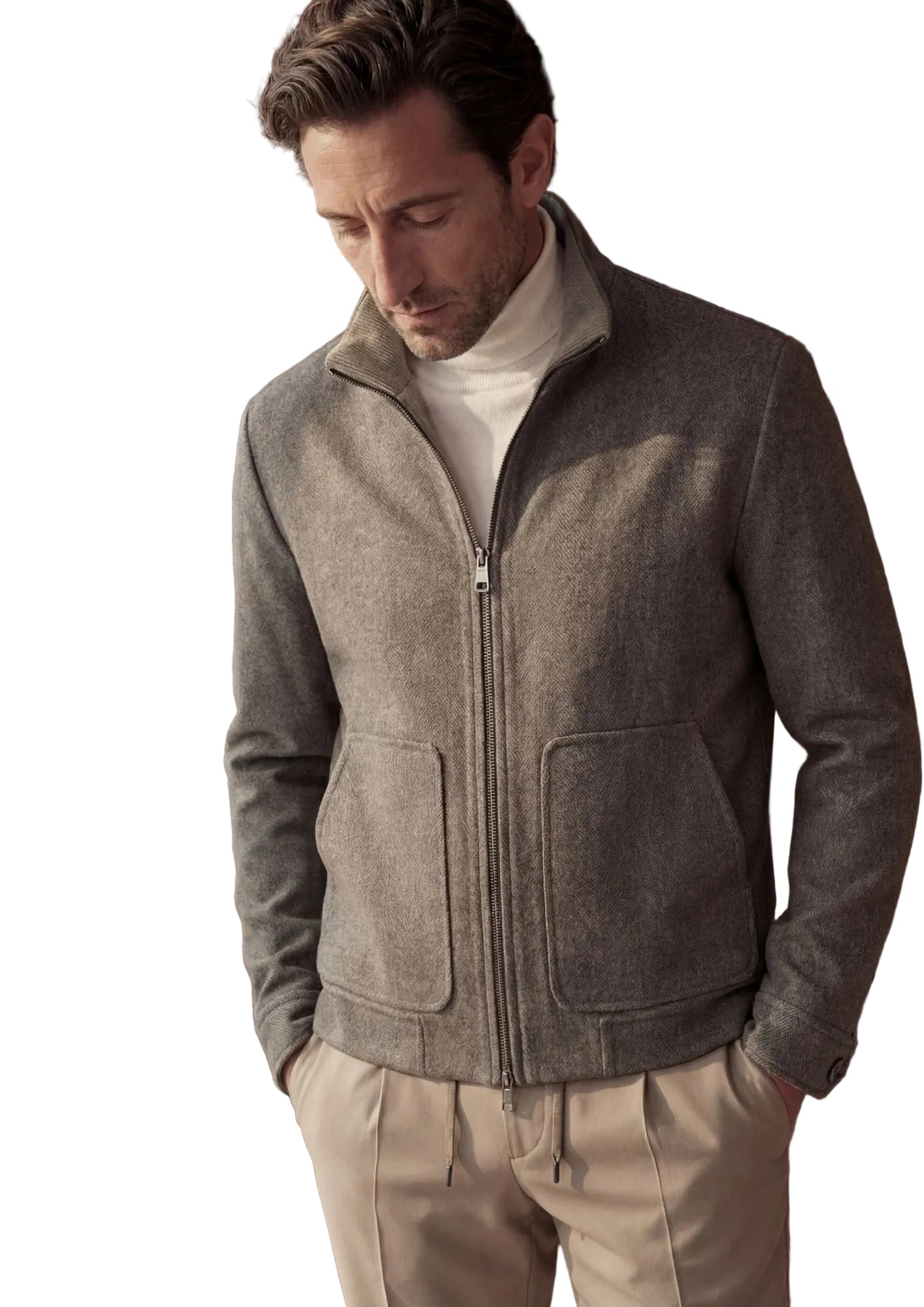 Olive brown men's full-zip bomber jacket with a stand collar, herringbone texture, and two front patch pockets.
