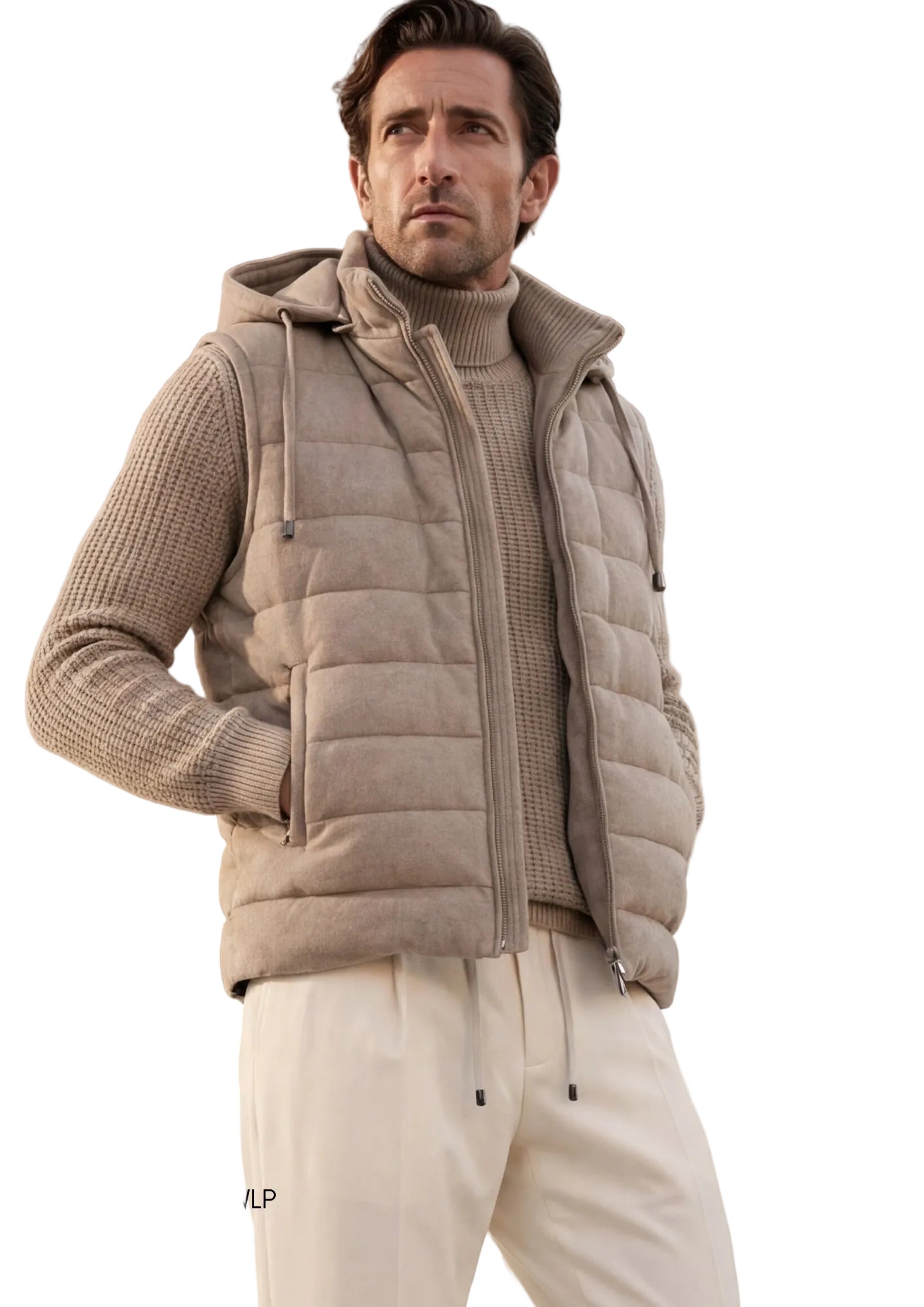 Beige padded hooded vest with a full-zip front and side pockets, made from a suede-effect fabric.