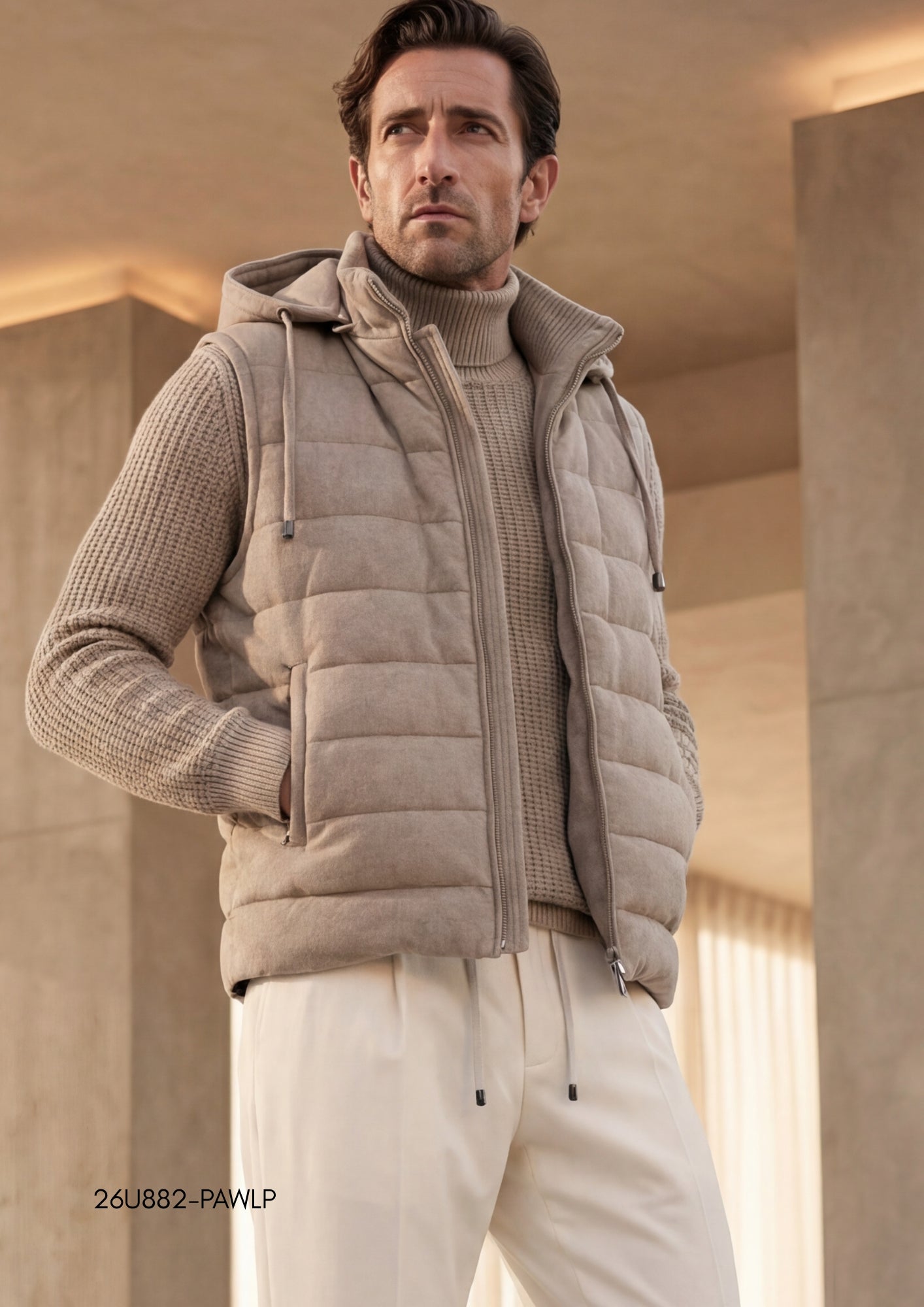 Beige padded vest with a hood, full-zip front, horizontal quilting, and two zippered pockets. Features silver-toned hardware.