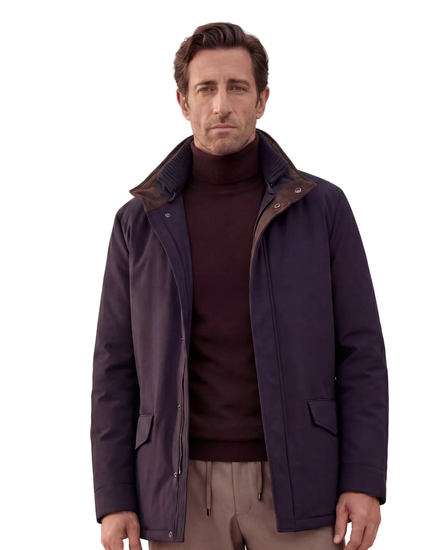 Navy blue mid-length jacket with a stand collar, concealed zip and button closure, and two flap pockets.