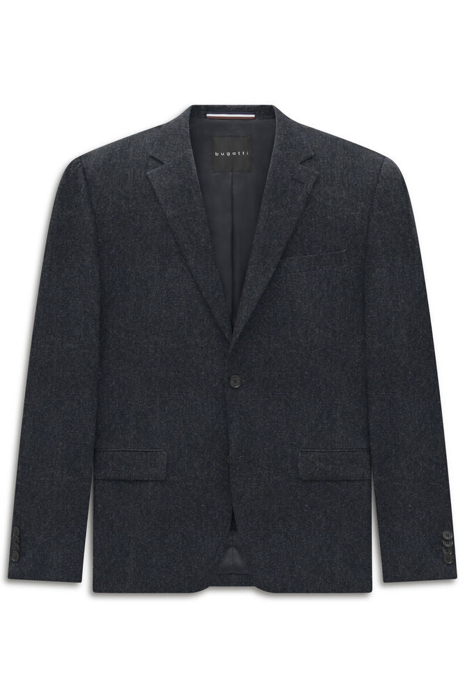 Navy blue single-breasted jacket with two-button closure, notched lapels, two flap pockets, and four buttons on each cuff.