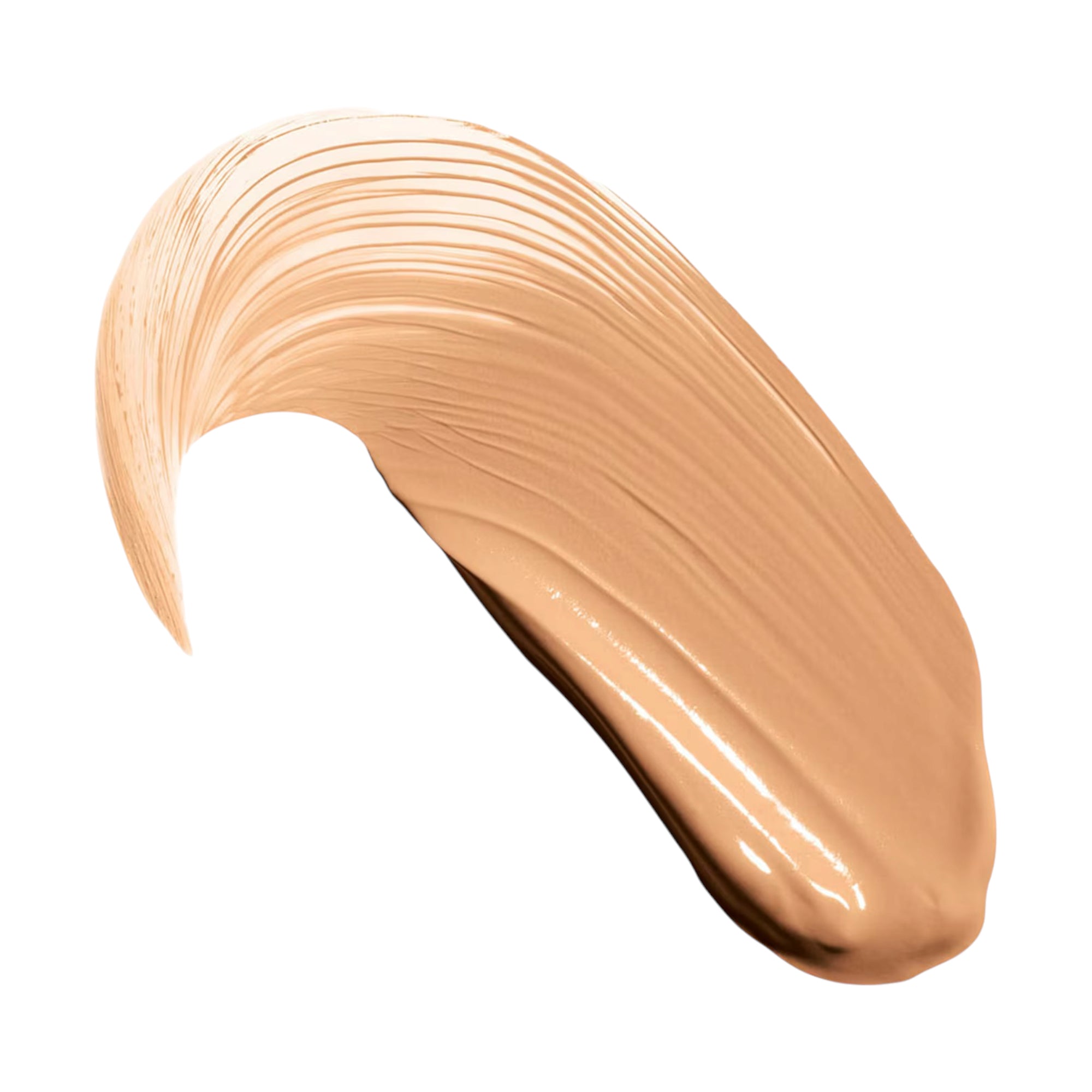 A curved swatch of light beige liquid concealer, showing a smooth, dewy finish with visible application marks.