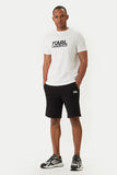 White crewneck t-shirt with short sleeves. Features a black 'KARL LAGERFELD' logo on the chest.