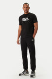 Black short-sleeved crewneck t-shirt with 'KARL LAGERFELD' logo printed in white on the chest.
