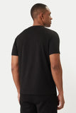 Black crewneck t-shirt with short sleeves and a plain back, made of smooth fabric.