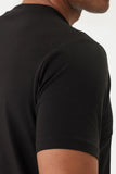 Black crewneck t-shirt with a visible shoulder seam and a short sleeve with a stitched hem.