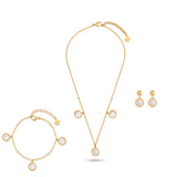 Gold-toned necklace with four mother-of-pearl-inlay charms, matching bracelet with three charms, and two stud earrings with d