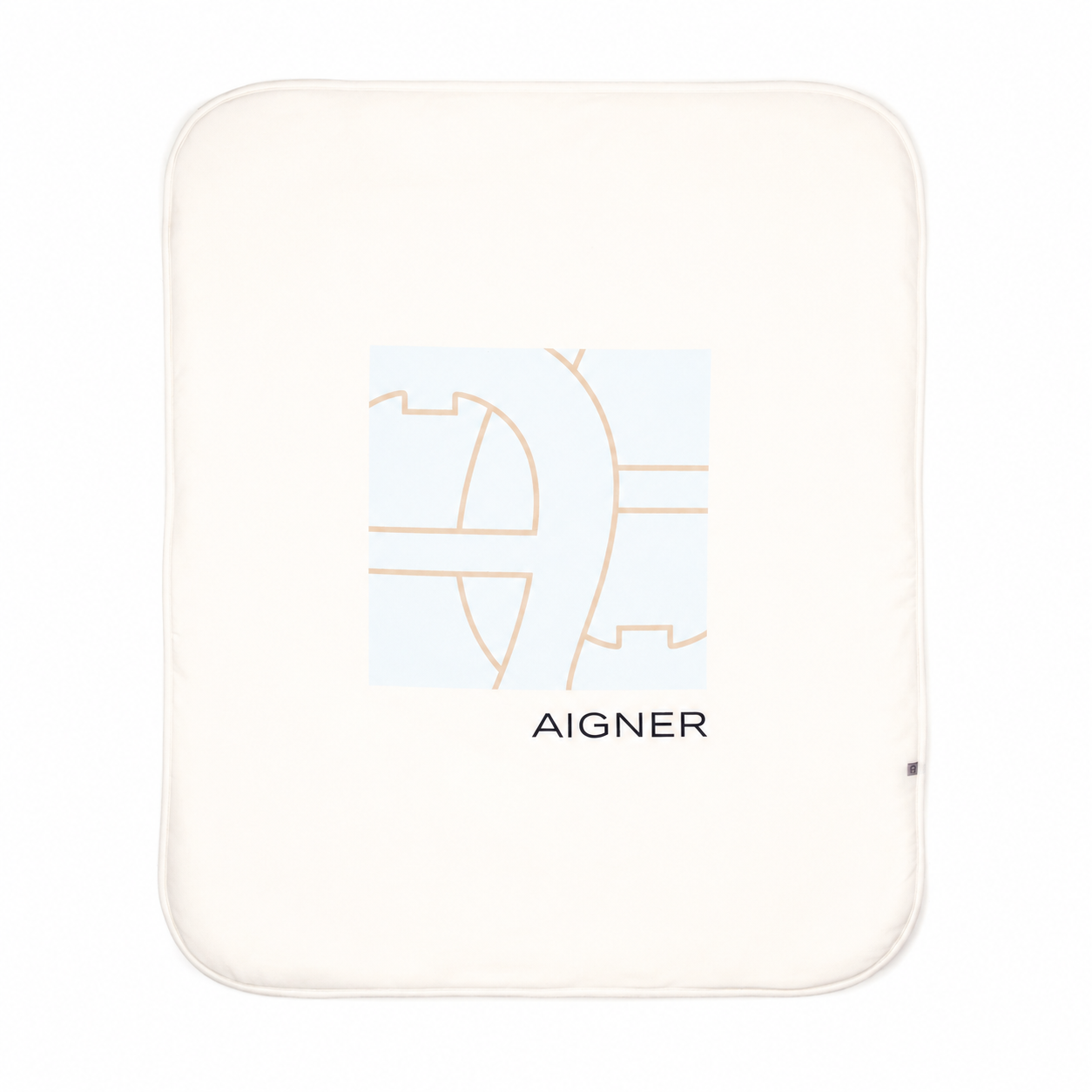 Beige baby blanket with rounded corners and a central square graphic featuring a light blue and beige abstract Aigner logo.