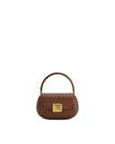 Brown hand-woven round top handle bag with a rounded silhouette, flap closure, and square gold-toned clasp.