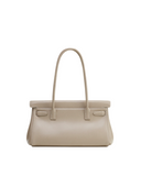 Light army green structured shoulder bag with two thin top handles and a front flap closure, detailed with two small horizont