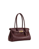 Deep burgundy leather-look top-handle bag with a flap closure, gold-toned turn-lock clasp, and a matching clochette.