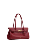Deep red smooth shoulder bag with two top handles, a front flap, gold-toned turn-lock clasp, and white contrast stitching.