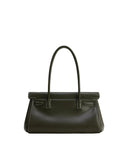 Army green leather shoulder bag with two slender top handles, a top flap, and white contrast stitching on the flap and sides.
