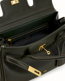 Army green smooth material shoulder bag with white contrast stitching, gold-toned front clasp, and interior zipper pocket.