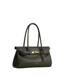 Structured army green shoulder bag with two thin handles, gold-toned turn-lock clasp, white contrast stitching, and a hanging