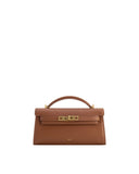 Brown textured faux leather top handle bag with a structured rectangular shape, front flap, and gold-toned turn-lock clasp.