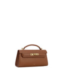 Brown pebbled leather top handle bag with a front flap, gold-toned turn-lock clasp, and a single top handle.