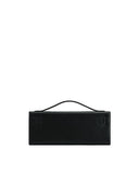Black structured rectangular top-handle handbag with a smooth finish and two small embossed details on the front flap.